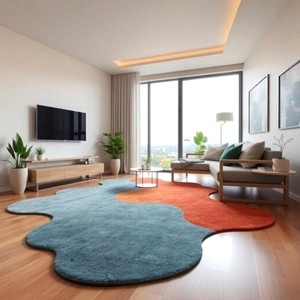 Tapis artisanal abstrait en forme de vague bleu et orange, tapis de sol irrégulier moderne pour salon, chambre et décoration intérieure - Product Image 1