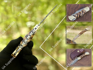 Damascus Steel Hand Forged Brass Wooden Handle Professional Razor Sharp Drop Point Folding EDC Pocket Knife Sheath 7.5 Inches - Product Image 5