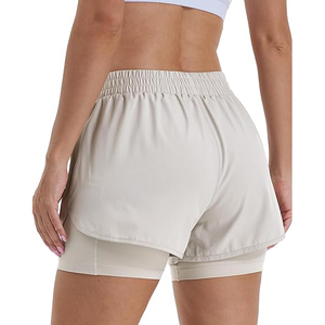 Shorts de course 2 en 1 pour femmes, couleur beige, shorts de sport fluides, polyester, séchage rapide, shorts de fitness, taille haute avec poche zippée - Product Image 3