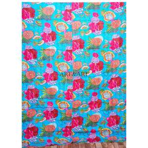 Couvre-lit Kantha indien fait main, 100% coton, imprimé à la main, motif floral, poids du tissu 220g, origine Rajasthan - Product Image 1