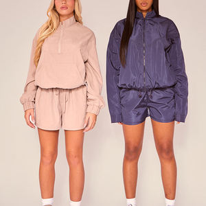 Casual Two Piece Outfits Set Quarter Zip Windbreaker Jacket With Shorts Solid Color Loose Fit Nylon Material Spring Wear - Product Image 1
