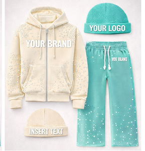 Custom Logo Winter Breathable 100% Cotton Pink Rhinestone Zip Streetwear Hoodie <b>Jogger</b> Sweatsuit <b>Set</b> <b>Matching</b> Beanie Men - Product Image 3