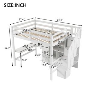 Cama alta blanca de tamaño completo con escritorio en forma de L, cajones, armario de almacenamiento y escalera de madera - Product Image 4