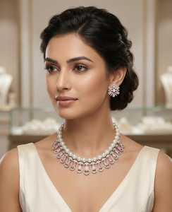 Indian Bridal Kundan <b>Necklace</b> Set Girls Women party with Rose Quartz Pear Cut Crystals and <b>Matching</b> Earrings for Wedding - Product Image 1