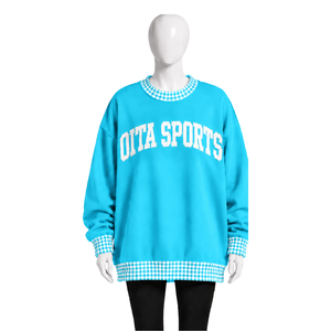 Sweat-shirt à col rond surdimensionné bleu ciel pour homme avec bordure à carreaux, manches longues, imprimé graphique, pull décontracté, streetwear tendance - Product Image 1