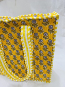 Silkgram Yellow Floral Quilted 100% Cotton Tote <b>Bag</b> with Zipper Closure <b>Large</b> Size Long Handle for <b>Beach</b> Shopping Made Rajasthan - Product Image 4
