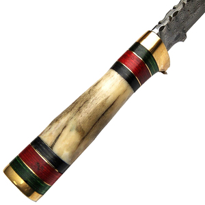 Cuchillo de caza de acero de Damasco con hoja de punta caída, mango de hueso e incrustaciones coloridas para uso en exteriores - Product Image 5