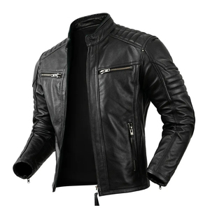 100% High Quality Comfortable Breathable <b>Men</b> Black Cow Leather <b>Jacket</b> Winter Warm Long Sleeve Stand Collar Streetwear <b>Sherpa</b> - Product Image 3