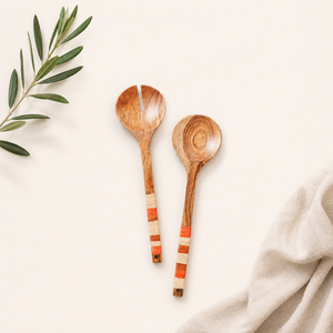 Juego de 2 utensilios para servir ensalada de madera de mango, cuchara y tenedor de madera ecológicos con mangos decorativos pintados a mano con rayas - Product Image 4