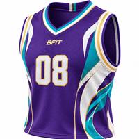 Ensemble de maillots de basket-ball sublimés personnalisés, violet, turquoise, blanc, imprimé géométrique, col en V, sans manches, maille respirante, séchage rapide, 100%