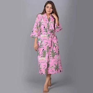 Bata Kimono de Algodón con Estampado de Bloques, Casual, Suave y Transpirable, Talla Única, Ropa de Dormir de Verano para Mujer - Product Image 3