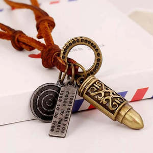 Vintage Alloy Gold Bullet Pendant Necklace with Adjustable Pure Leather Cord for Men & Boys - Product Image 2