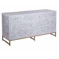 Nouveauté : Buffet en nacre verte émeraude avec incrustations florales, commode à 9 tiroirs, commode en nacre, buffet en nacre