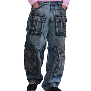 Jeans para Hombre DS, Color Amarillo Sucio, Lavado Desgastado, Estilo Cargo con Múltiples Bolsillos, Corte Holgado, Estilo Hip Hop, Pantalones Casuales para Hombre - Product Image 1