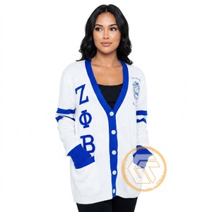 Cardigan personnalisé Zeta Phi Beta en acrylique solide avec appliques brodées, respirant, décontracté, col en V, boutons recouverts, idéal pour l'hiver - Product Image 1