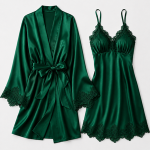 Premium <b>Womens</b> <b>Satin</b> <b>Robe</b> Set with Lace Trim Adjustable Waist Belt and Matching Nightdress for Sleepwear Wholesale and OEM - Product Image 6