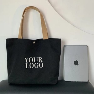 Custom Logo Printed Adjustable Washable <b>Canvas</b> Tote Bag Beige Eco Friendly <b>Large</b> Capacity Water Resistant <b>Plain</b> Design - Product Image 3