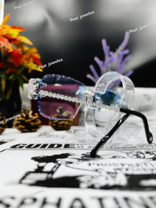 Iced Out Moissanite Diamond Sky Blue Glasses <b>Gradient</b> Hip Hop Bling Eyewear Rimless Statement <b>Sunglasses</b> For Party Wear - Product Image 2
