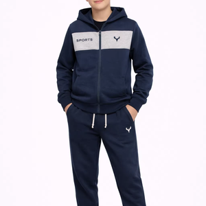 Ensemble de survêtement pour enfants de qualité supérieure, bleu marine, avec capuche, tissu en mélange de coton molletonné doux, confort toute la journée, sweat à capuche léger avec fermeture éclair intégrale - Product Image 1