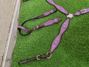 2026 Conjunto de aparejos de alta calidad de cuero de cocodrilo DD hecho a mano, estilo western, con cabezada de una oreja, pechopetral y cabestro morado para caballo - Product Image 5
