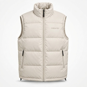 Veste sans manches matelassée beige pour homme, col montant, fermeture éclair intégrale, chaude, pour l'extérieur, ONEAPEX OEM, vente en gros - Product Image 1