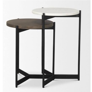 Premium Dual Material <b>Nesting</b> Coffee <b>Table</b> White Marble Bronze Wood Accent <b>Table</b> - Product Image 2