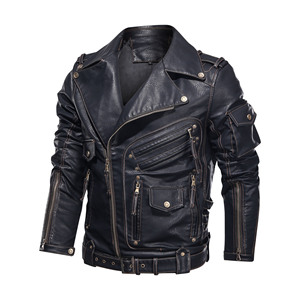 Chaqueta de Cuero Genuino para Hombre, Estilo Motociclista, Impermeable, con Cuello Camisero y Cierre, Cortavientos, Informal, para Invierno - Product Image 1