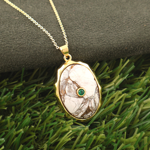 18k Gold Plated Minimalist Statement Brass Turquoise Oval Pendant Cz Stone Bezel Setting Bohemian Style Adjustable Fashion Model - Product Image 5