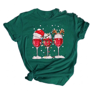 Fashionwear Custom <b>women</b> screen printing green <b>Christmas</b> Wine Graphic <b>TShirt</b> Festive Santa Hat Lights Reindeer Crew Neck t shirt - Product Image 1