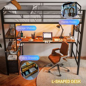 Letto a soppalco con luci LED, scrivania, scaffali portaoggetti e stazione di ricarica - Mobili in metallo per appartamento - Product Image 5