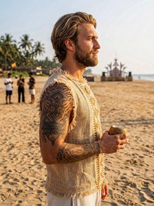 Chemise sans manches de style kurta en jute artisanale pour homme, de style bohème, rustique et de qualité supérieure, avec broderie tribale géométrique traditionnelle - Product Image 4