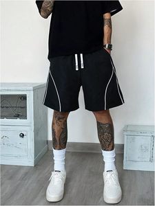 Men's Y2k Basketball Shorts Straight Wide Leg Striped Side <b>Drawstring</b> Waist Workout Gym 100% Cotton Streetwear - Product Image 4