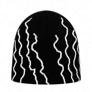 Gorro de Punto Jacquard Negro Personalizado con Diseño de Rayo, Estilo Urbano Y2K Vintage, Gorro de Calavera con Gráficos Jacquard, Gorro de Punto Cálido para Invierno - Product Image 4