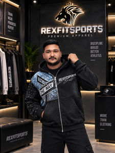 REXFITSPORTS 2026 Sweat-shirt à capuche entièrement zippé noir personnalisé, veste streetwear graphique, molleton de coton premium, vente en gros - Product Image 3