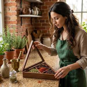 Organisateur d'épices en bois au design unique avec couvercle transparent pour le rangement des masala, idéal pour la cuisine, comme cadeau ou pour la présentation, en vente - Product Image 1