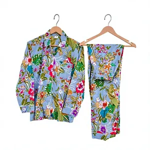 Conjunto de Pijama de Algodón 100% con Estampado Floral para Mujer, Manga Larga, Cuello Camisero, Suave, Ropa de Dormir Larga, Ropa Casual - Product Image 1
