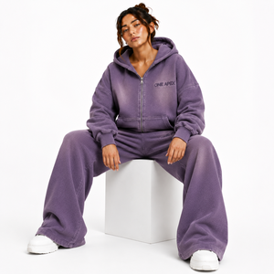 Conjunto Deportivo ONE APEX para Mujer, Sudadera con Capucha Oversize Lavada al Ácido con Cremallera Completa, Pantalones Anchos de Felpa Francesa Gruesa, Color Morado Ahumado, Estilo Urbano - Product Image 6