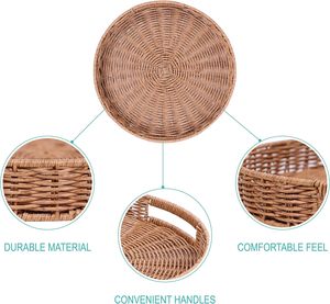 Plateau de service rond en rotin tressé à la main avec poignées, panier décoratif en osier pour le petit-déjeuner, les boissons, les fruits et les aliments, pour la cuisine - Product Image 6