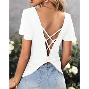 Camiseta de Verano para Mujer, Casual, Cuello en V, Holgada, Manga Corta, Poliéster, Color Liso, Venta al Por Mayor - Product Image 2