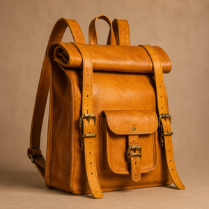 Vintage Mustard Leather <b>Roll</b> <b>Top</b> <b>Backpack</b> Travel Laptop Rucksack Casual Buckle Bag for Men Women Daily Use - Product Image 2