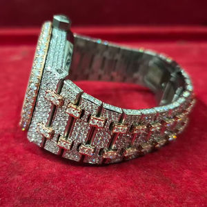 Montre de luxe de style hip-hop en moissanite, coupe VVS1, pointeur analogique brillant, acier inoxydable, automatique, mécanique, bracelet en cuir - Product Image 1