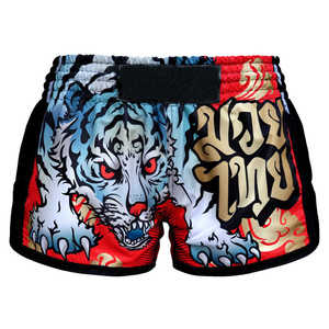 Shorts de Muay Thai en satin bleu et rouge, à fente haute, respirants, pour entraînement et compétition professionnelle de kickboxing - Product Image 3
