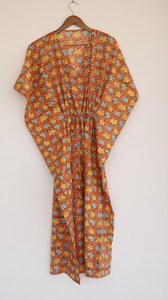 Women's Floral Hand Block Print V-Neck Orange Kaftan Long <b>Dress</b> <b>Loose</b> Fit Cotton Bohemian Summer <b>Dress</b> - Product Image 4