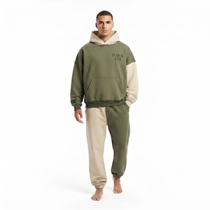 Ensemble sweat à capuche et jogging bicolore pour homme, olive beige, coupe ample, manches longues, survêtement décontracté, logo sur le devant et poches latérales - Product Image 5