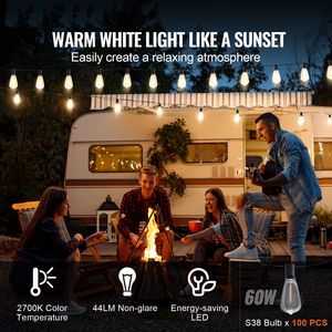 Luci LED da Esterno Infrangibili 200FT, 2700K Dimmerabili, 100 Lampadine ST38, Cavo in PVC, Emissione Bianco Caldo - Product Image 2