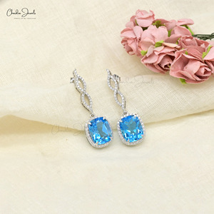 14K <b>Fine</b> White Gold Gemstone Dangle <b>Earrings</b> 11X9MM Octagon Cut Swiss Blue Topaz & White Diamond Halo Dangle Push Back <b>Earrings</b> - Product Image 3