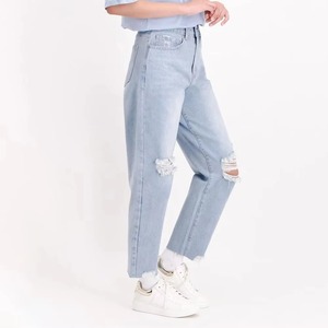 Jeans de Mezclilla de Cintura Alta, Corte Recto, Desgastados, de Algodón, Ajuste Holgado, Color Sólido, Estilo Casual de Verano - Product Image 3