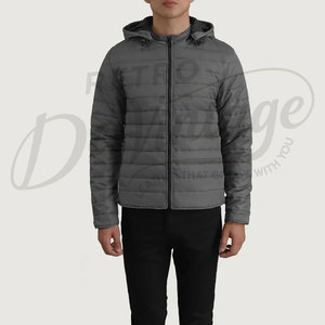 Custom Men Grey Winter <b>Jacket</b> Lightweight Hooded Padded Outerwear Slim Fit Casual Warm Zip Up Puffer <b>Jacket</b> For Men - Product Image 3