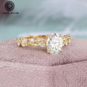 เครื่องประดับเพชรโมอิสเจียระไนทรงรีสำหรับผู้หญิงแหวนหมั้นชุบทอง18K ดีไซน์รูปวงรีของพืชโรแมนติก - Product Image 6