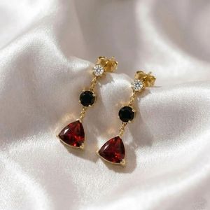 Natural Garnet Trillion Shape <b>Stud</b> Earrings With Black Obsidian Round Faceted Drop And CZ Accent Handmade <b>Sterling</b> <b>Silver</b> - Product Image 1